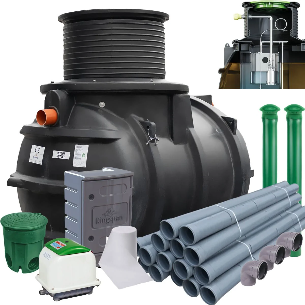 PRZYDOMOWA OCZYSZCZALNIA ŚCIEKÓW KINGSPAN BIOAIR 1 Z ZINTEGROWANĄ PRZEPOMPOWNIĄ 4 OS. DRENAŻ 36M