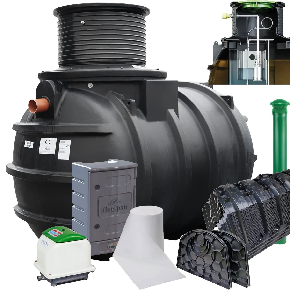 PRZYDOMOWA OCZYSZCZALNIA ŚCIEKÓW KINGSPAN BIOAIR 2 Z ZINTEGROWANĄ PRZEPOMPOWNIĄ NA 6 OS. 4 TUNELE