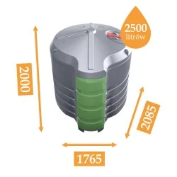 Szary zbiornik Kingspan FuelMaster model 2500L z zieloną obudową pompy i wymiarami: wysokość 2000 mm, szerokość 1765 mm.