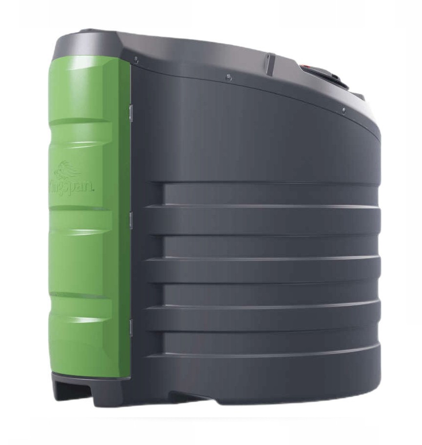 Pojedynczy szary zbiornik Kingspan FuelMaster model 2500L z zieloną obudową pompy z boku. Pojedynczy szary zbiornik Kingspan FuelMaster model 2500L z zieloną obudową pompy z boku.