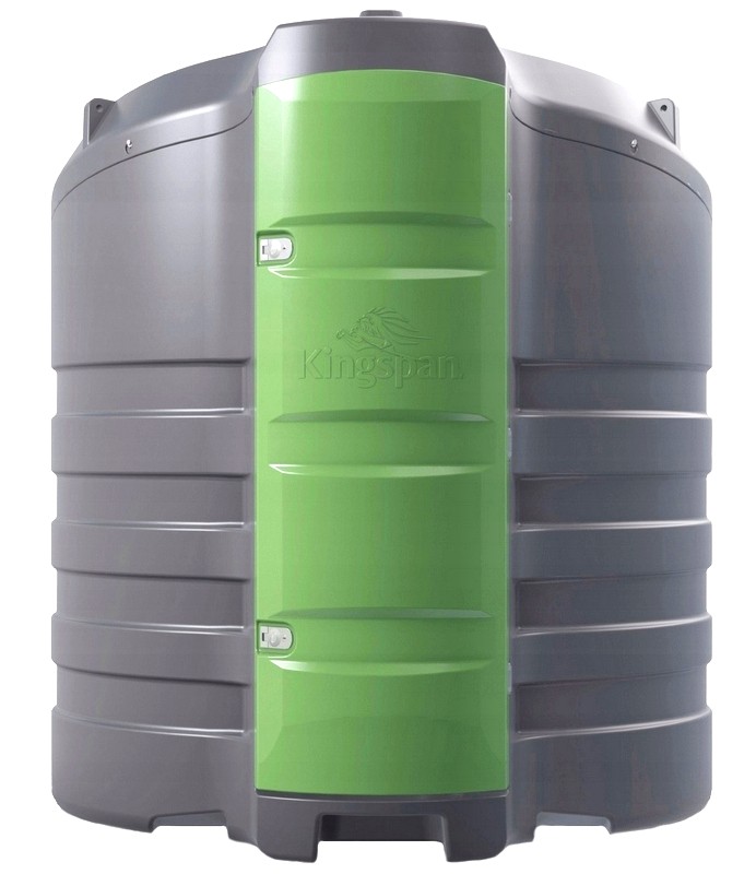 Szary zbiornik Kingspan FuelMaster model 2500L z zieloną obudową pompy, widoczny z przodu. Szary zbiornik Kingspan FuelMaster model 2500L z zieloną obudową pompy, widoczny z przodu.