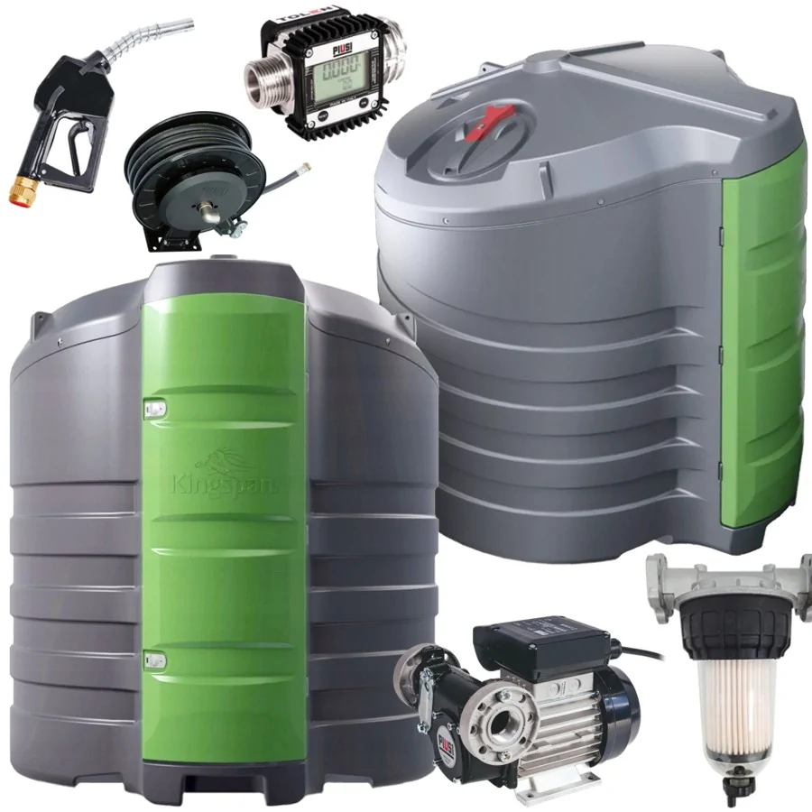 Dwa ujęcia zbiorniki Kingspan FuelMaster, model 2500L zielone drzwi, z pistoletem i zwijakiem do ON Dwa ujęcia zbiorniki Kingspan FuelMaster, model 2500L zielone drzwi, z pistoletem i zwijakiem do ON