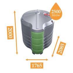 Szary zbiornik Kingspan FuelMaster model 2500L z zieloną obudową pompy i wymiarami: wysokość 2000 mm, szerokość 1765 mm.