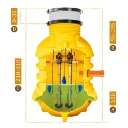 Wnętrze zbiornika przepompowni z pływakami sterującymi i wymiarami
