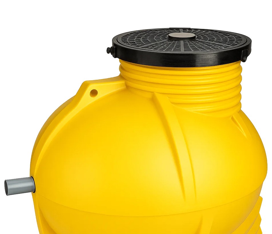 Widok boczny zbiornika przepompowni ze złączem wylotowym i pokrywą Widok boczny zbiornika przepompowni ze złączem wylotowym i pokrywą