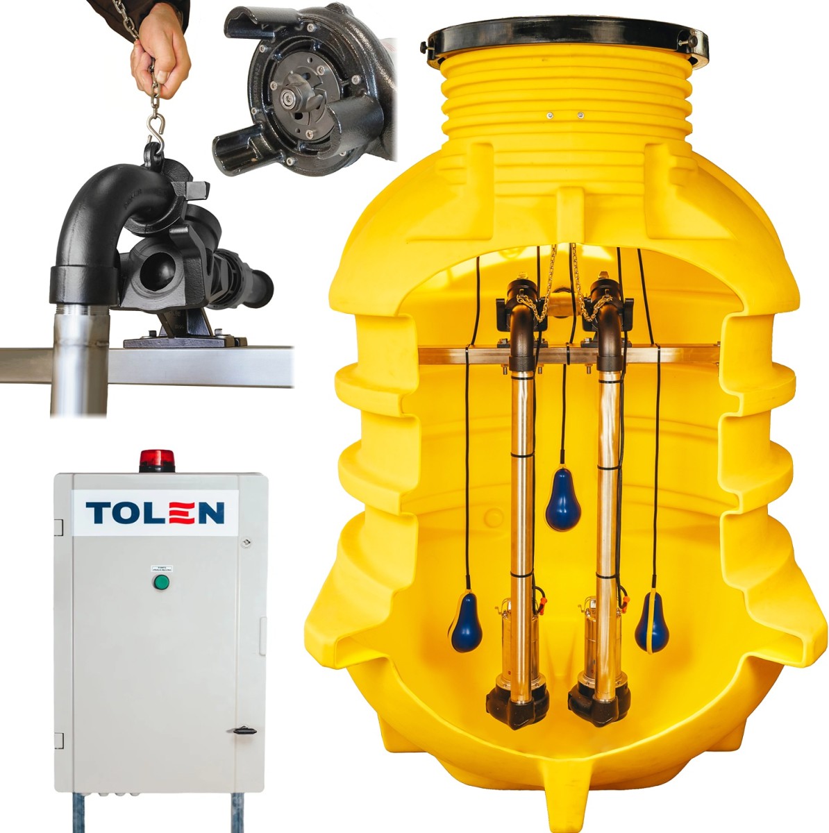 Przepompownia ścieków z dwiema zanurzeniowymi pompami z nożem ze stali nierdzewnej Przepompownia ścieków z dwiema zanurzeniowymi pompami z nożem ze stali nierdzewnej