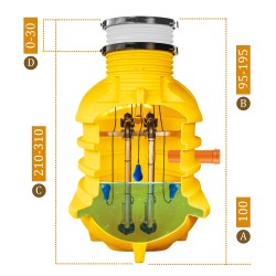 Wnętrze zbiornika przepompowni z pływakami sterującymi i wymiarami