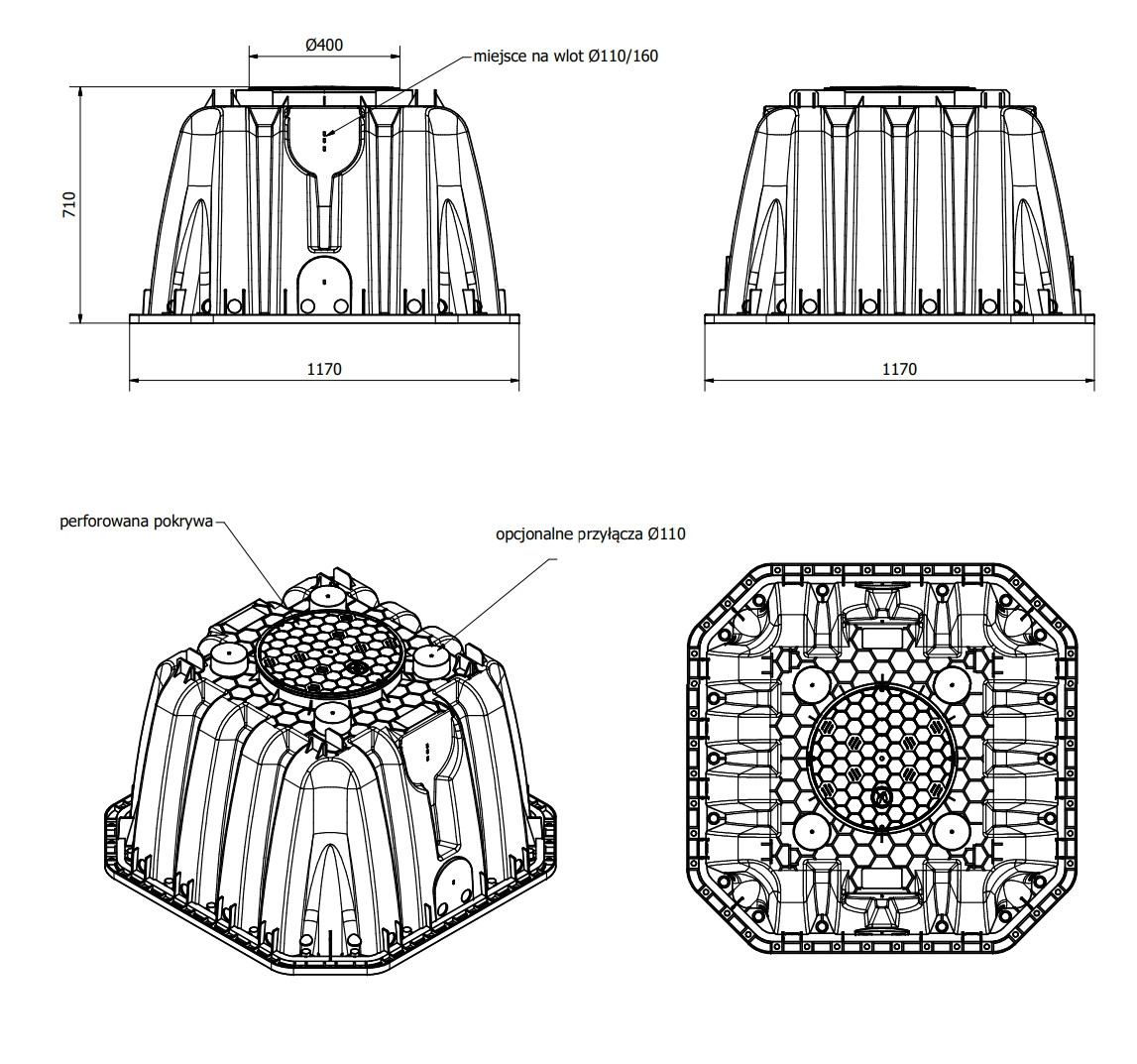 Wymiary studni chłonnej AQ500 1170x1170x710 mm